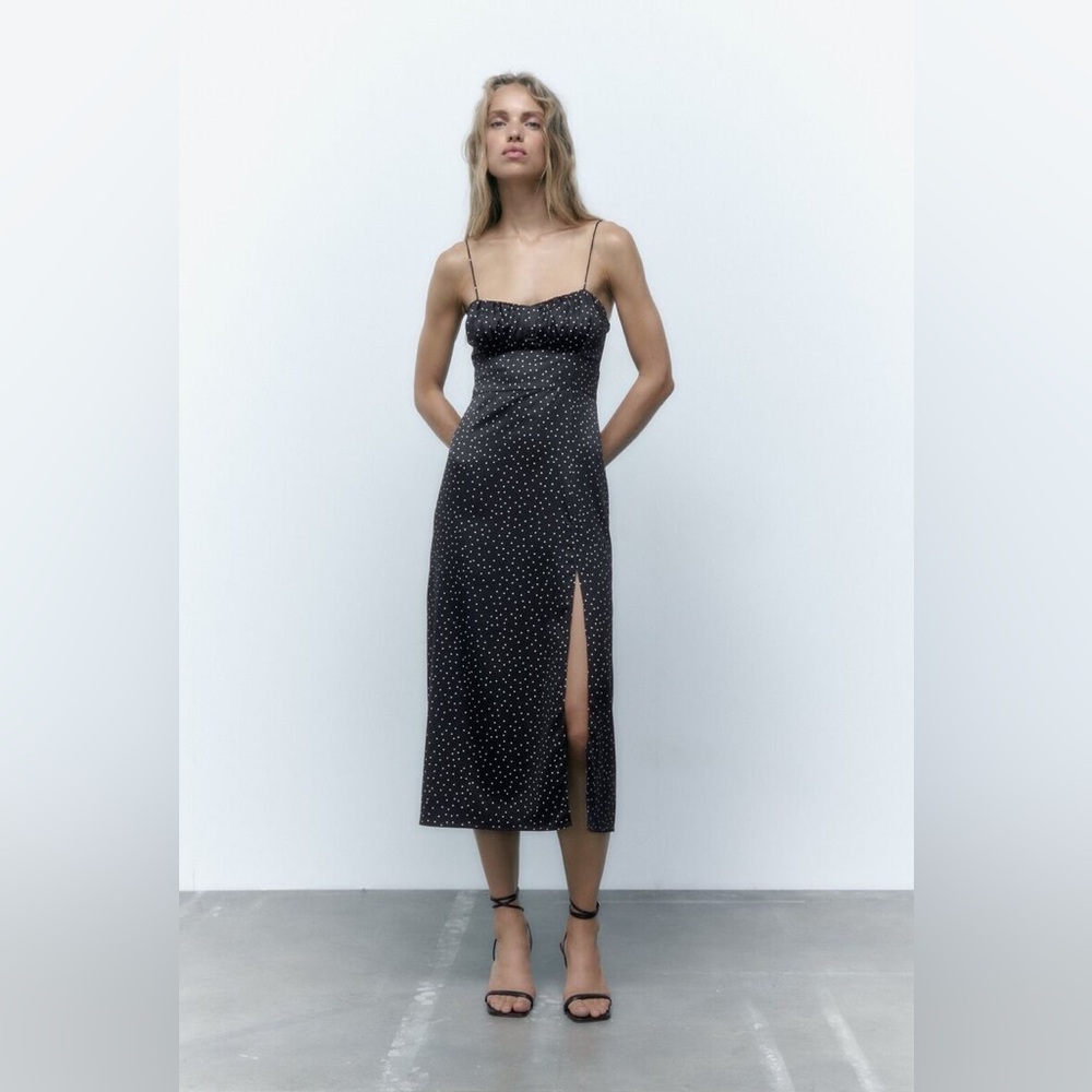 Zara Black Polka Dot Midi Dress with Side Slit